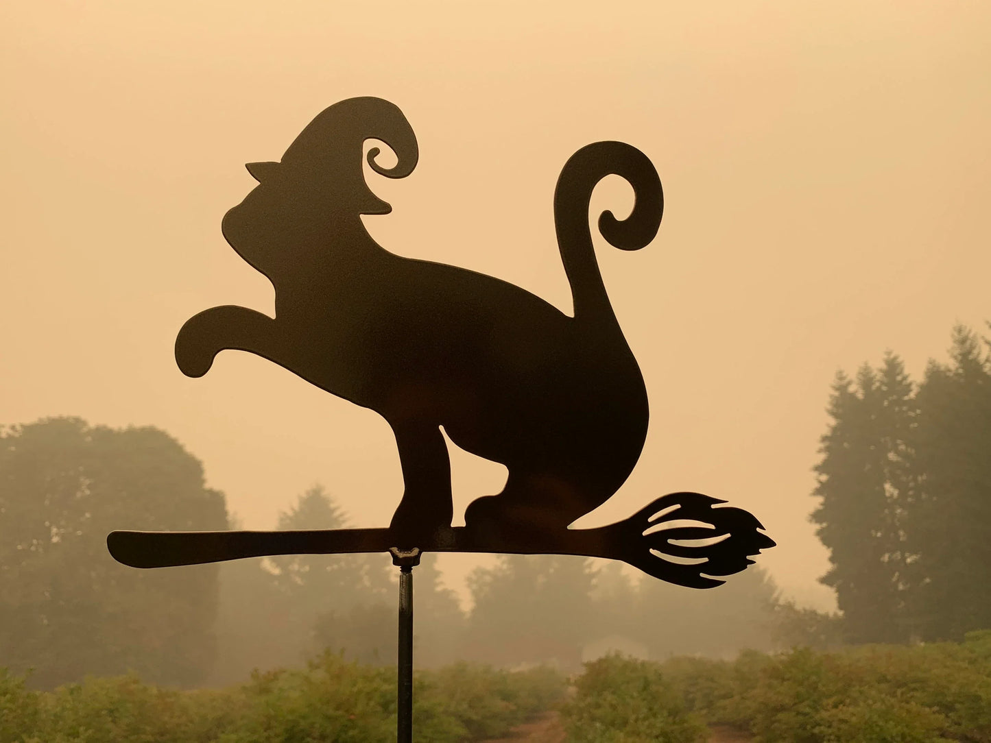 Metal Halloween Art Cat with witch hat flying on broom Stake Decoration , Garden Art, Yard Art, Hand Made, Fall Decor, Outdoor Garden Decor, Post Mount Bracket, Wall Mount w/(Holes)