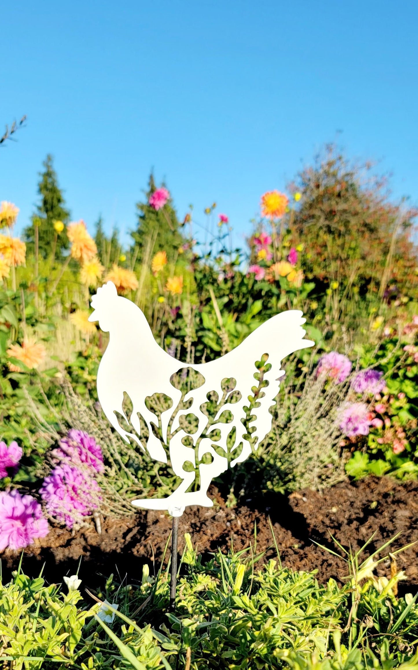 Metal Art Floral Garden Chicken Stake Decoration, Gift Yard Art Spring Garden Decoration Outdoor Decor, Farmhouse Chicken Coop, Hen House, Post Mount Bracket, Wall Mount w/(Holes)