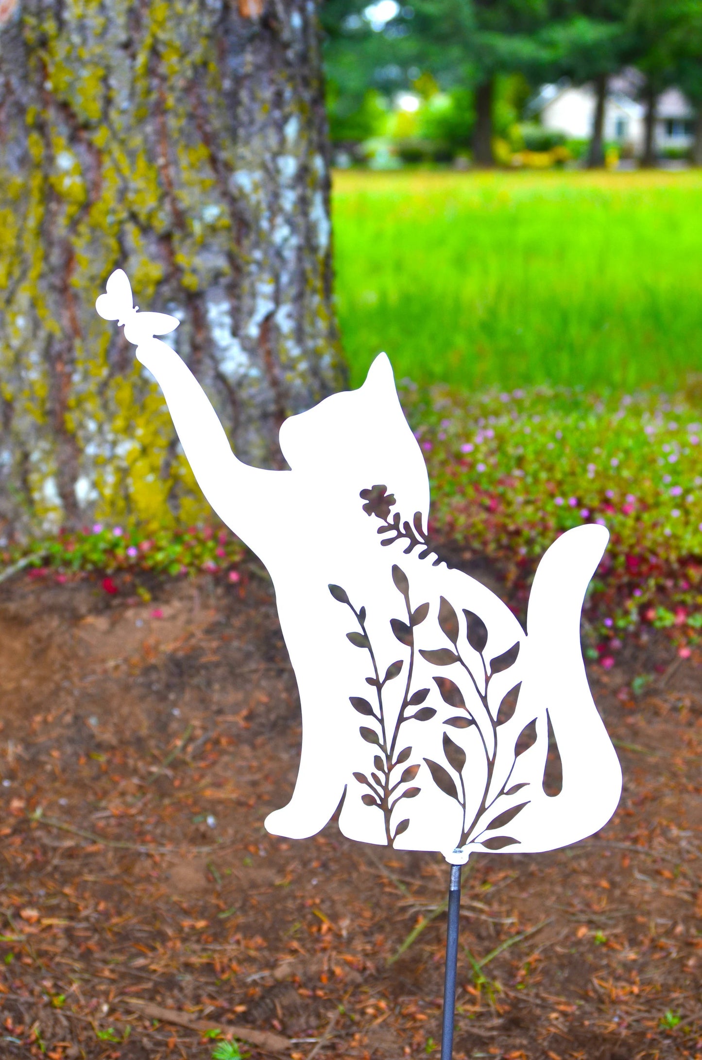 Floral Playful Kitty with Butterfly Metal Sign