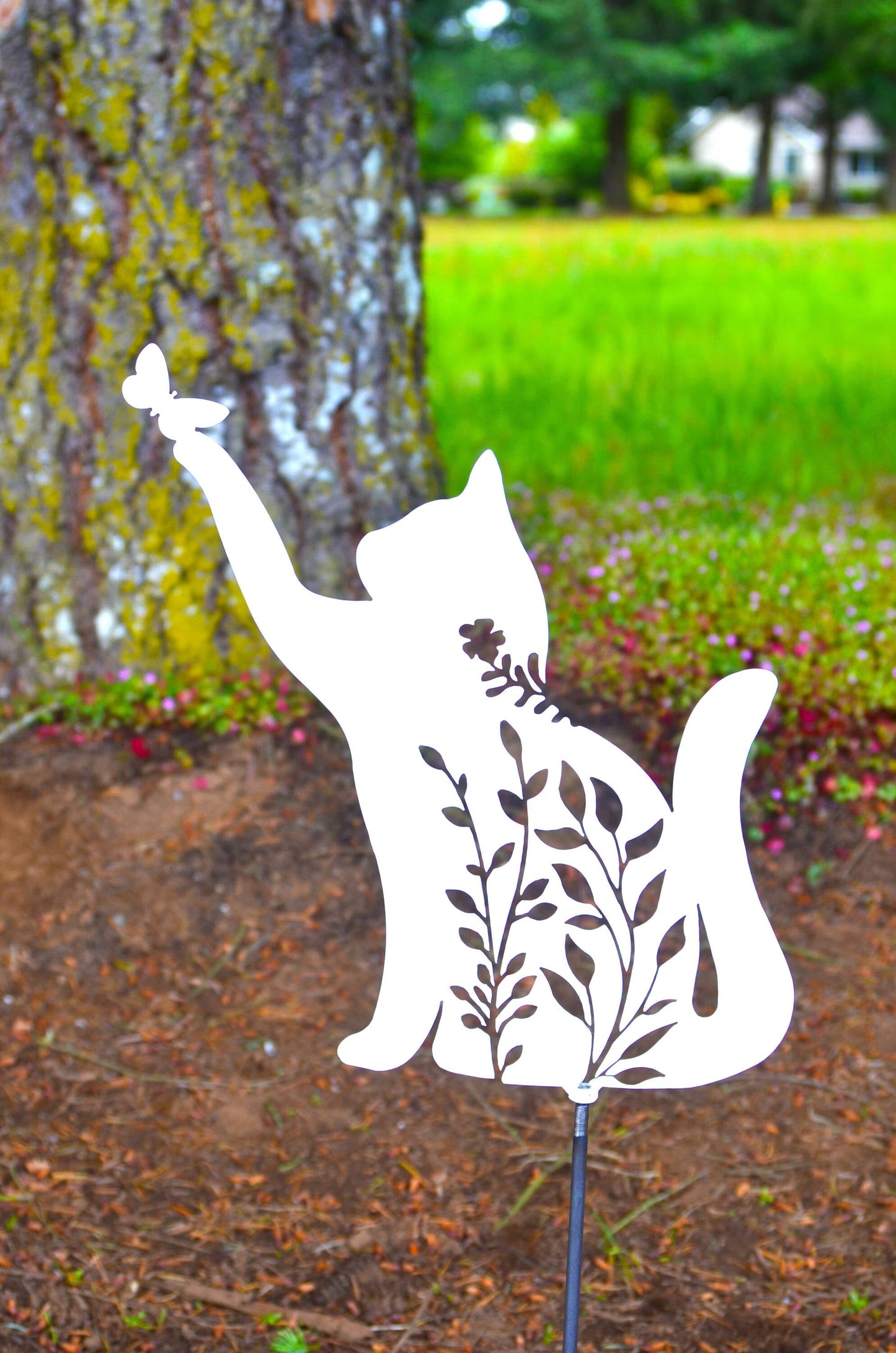 Metal Art Floral Garden Cat with Butterfly Stake Decoration, Garden, Yard Art, Hand Made, Spring Garden Decoration, Outdoor Garden Decor, Post Mount Bracket, Wall Mount w/(Holes)