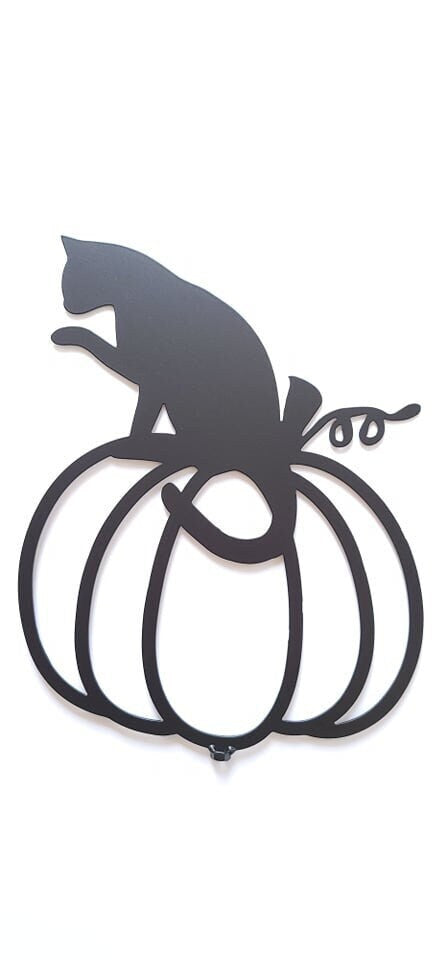 Halloween Cat Sitting On Pumpkin Metal Wall Decor