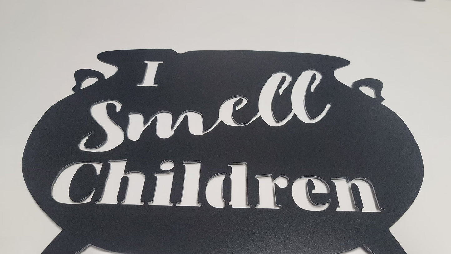 Metal Halloween Witch Cauldron" I smell Children" Sanderson Sisters Decor, Garden Art, Yard Art, Fall Decor, Outdoor Garden Decor, Post Mount Bracket, Wall Mount w/(Holes)