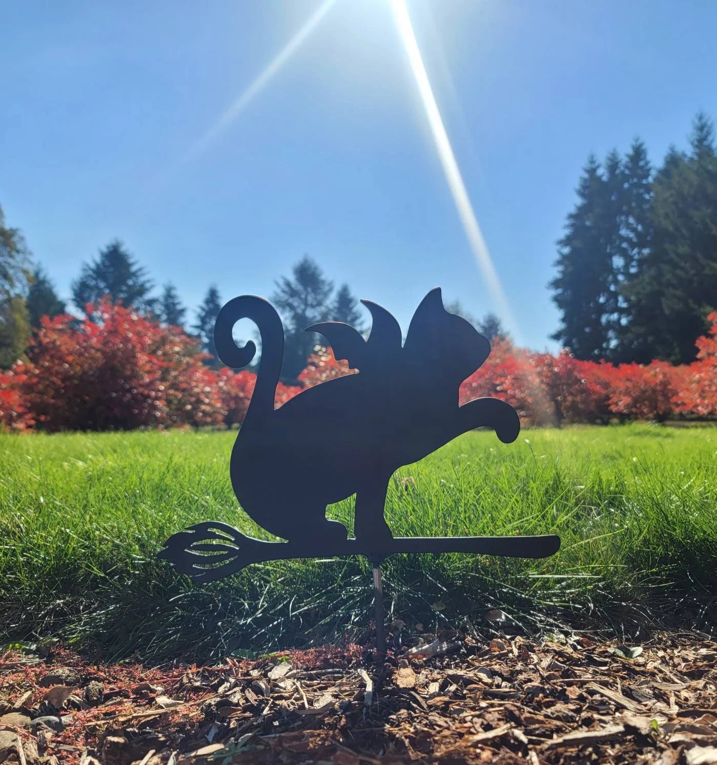 Metal Halloween Art Cat with wings flying on broom Stake Decoration , Garden Art, Yard Art, Hand Made, Fall Decor, Outdoor Garden Decor, Stake Attached(12" Stake Detachable)