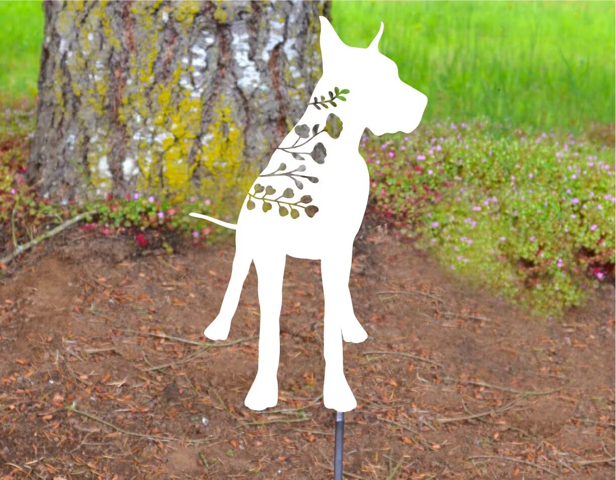 Metal Art Floral Great Dane Name Stake Decoration, w/cropped ears Mom Dad Garden Yard Art Gift Garden Decoration Outdoor Decor Personalize Stake Attached(12" Stake Detachable)