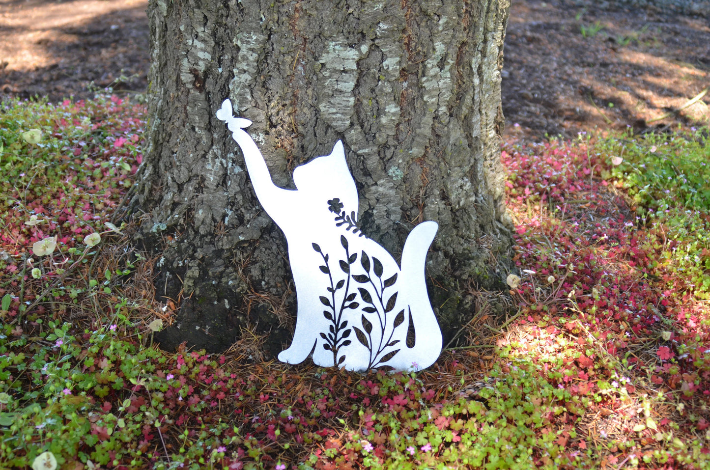 Metal Art Floral Garden Cat with Butterfly Stake Decoration, Personalized, Garden, Yard Art, Spring Garden Decoration, Cat lover gifts Stake Attached(12" Stake Detachable)