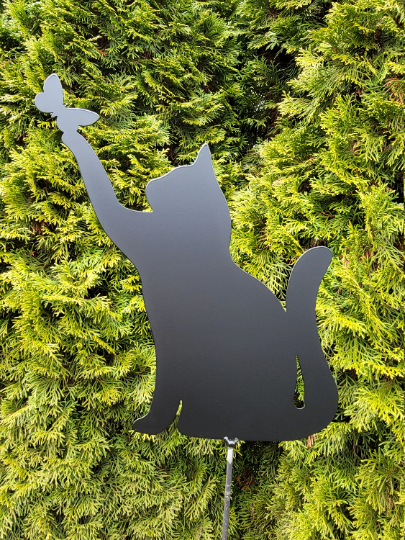 Metal Art Garden Cat with Butterfly Stake Decoration, Garden Yard Art, Hand Made Spring Garden Decoration, Outdoor Garden Decor His Her Gift