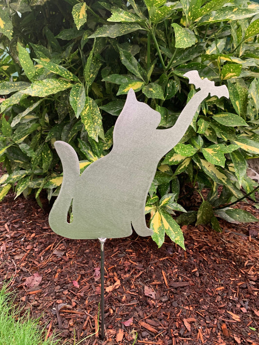 Metal Halloween Art Cat with Bat Stake Decoration, Garden, Yard Art, Hand Made, Spring Garden Decoration, Outdoor Garden Decor, Post Mount Bracket, Wall Mount w/(Holes)