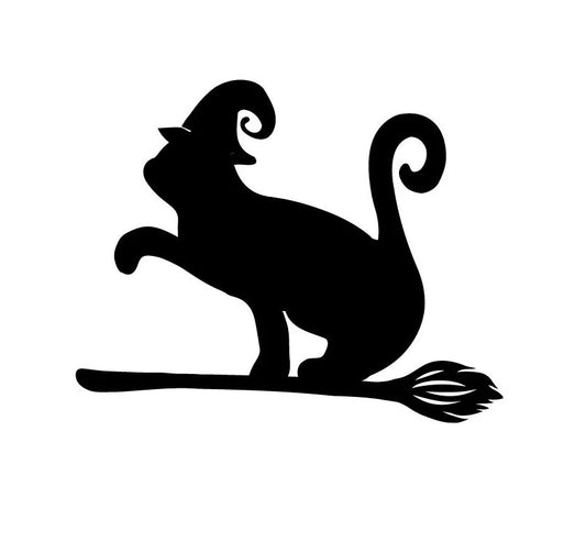 Metal Halloween Art Cat with witch hat flying on broom Stake Decoration , Garden Art, Yard Art, Hand Made, Fall Decor, Outdoor Garden Decor, Post Mount Bracket, Wall Mount w/(Holes)