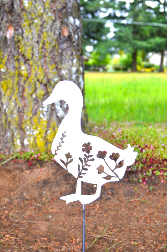 Metal Art Floral Garden Duck Stake Decoration ,Spring Easter Gift Yard Art, Hand Made, Spring Garden Decoration, Outdoor Garden Decor, Post Mount Bracket, Wall Mount w/(Holes)