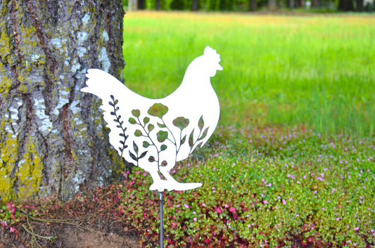 Metal Art Floral Garden Chicken Stake Decoration, Gift Yard Art Spring Garden Decoration Outdoor Decor, Farmhouse Chicken Coop, Hen House, Stake Attached(12" Stake Detachable)