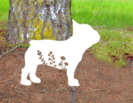 Metal Art Floral French Bulldog Garden Stake Decoration, Garden, Yard Art, Hand Made, Spring Garden Decoration, Outdoor Garden Decor,Frenchy, Post Mount Bracket, Wall Mount w/(Holes)