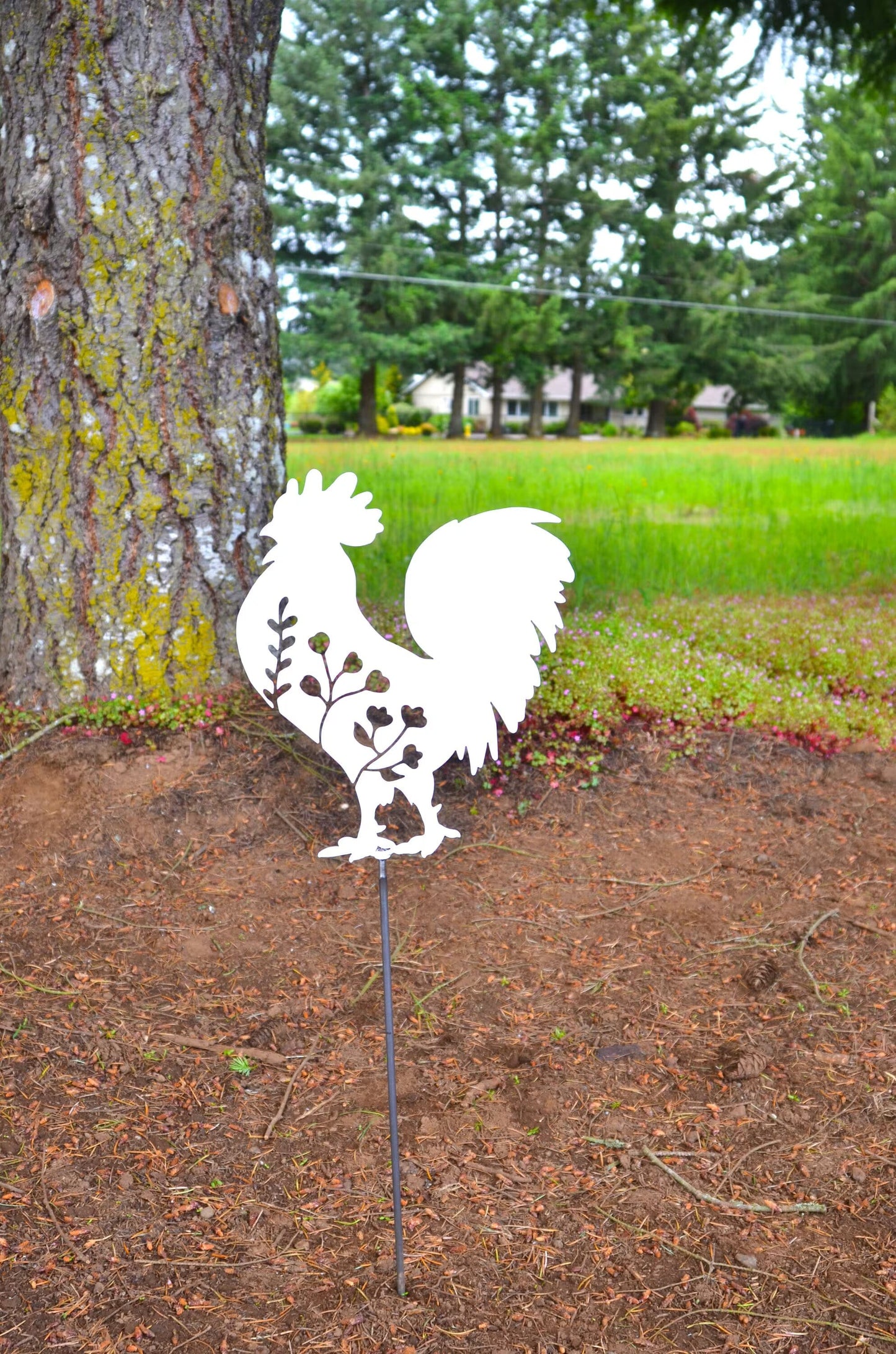 Metal Art Floral Garden Rooster Stake Decoration, Garden, Yard Art, Hand Made, Spring Garden Decoration, Outdoor Garden Decor, Post Mount Bracket, Wall Mount w/(Holes)