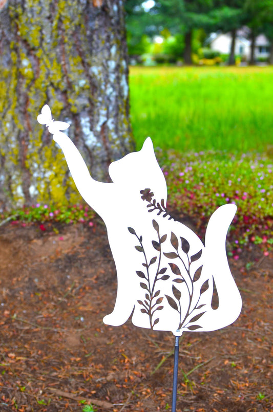 Metal Art Floral Garden Cat with Butterfly Stake Decoration, Garden, Yard Art, Hand Made, Spring Garden Decoration, Outdoor Garden Decor, Post Mount Bracket, Wall Mount w/(Holes)