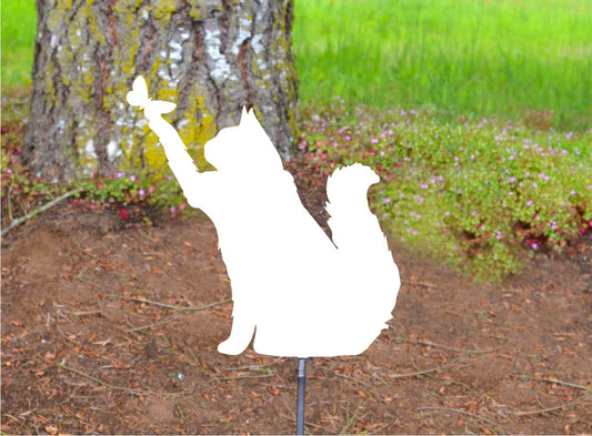 Metal Art Floral Garden Long Hair Cat with Butterfly Stake Decoration, Garden, Yard Art, Spring Garden Decoration, Outdoor Garden Decor,Gift Stake Attached(12" Stake Detachable)