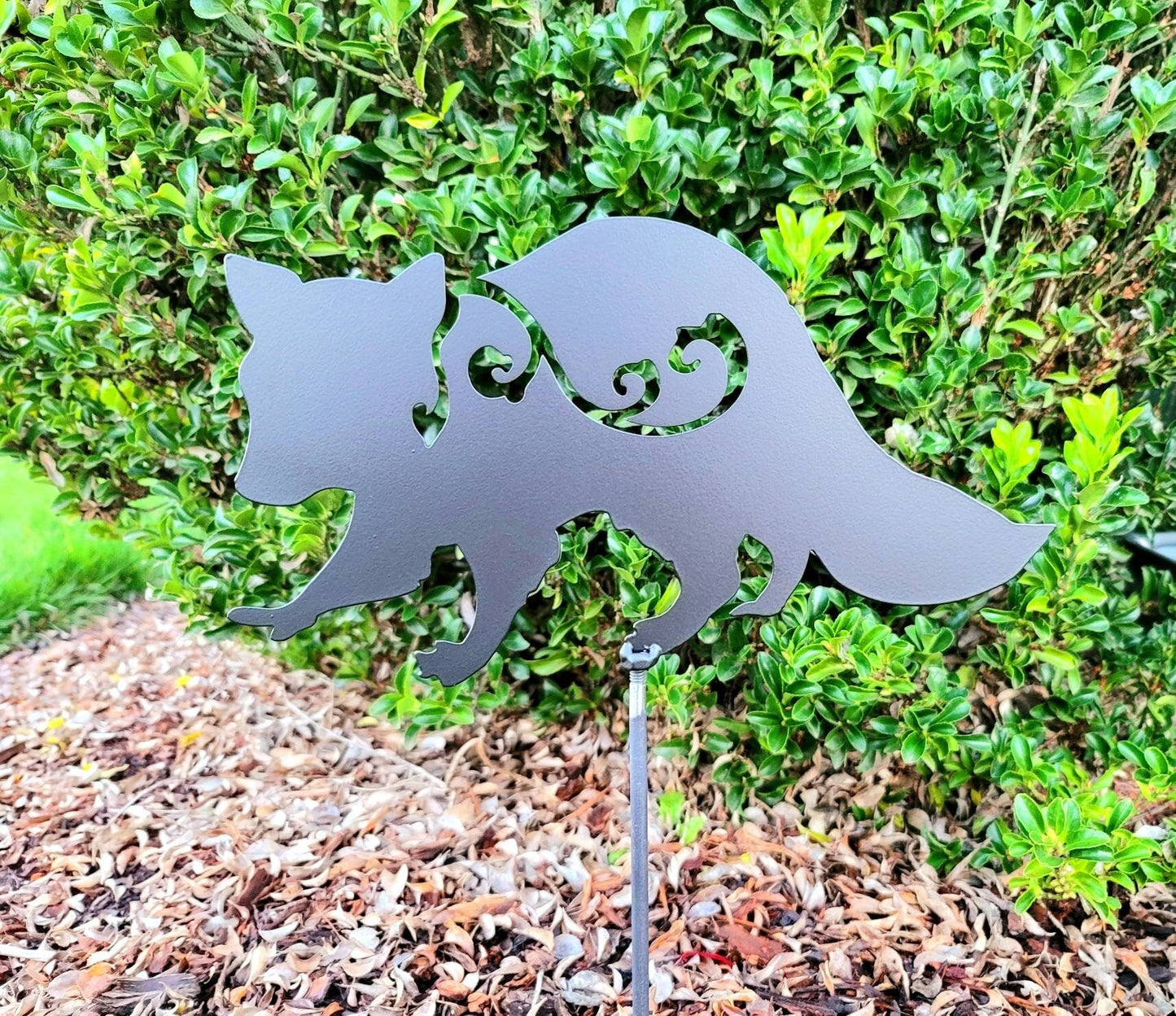 Metal Art Floral Raccoon Stake Decoration , Garden Art, Yard Art, Hand Made, Spring Garden Decoration, Outdoor Garden Decor, Post Mount Bracket, Wall Mount w/(Holes)
