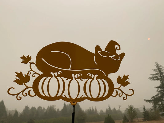 Sleeping Witch Kitty on Pumpkins Metal Sign