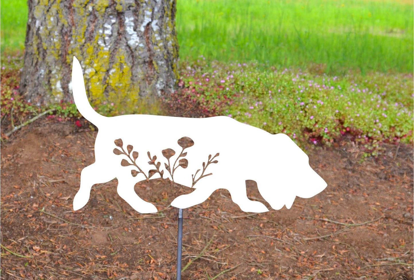 Floral Sniffing Basset Hound Dog Metal Sign