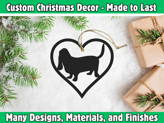 Happy Basset Hound within Heart Ornament
