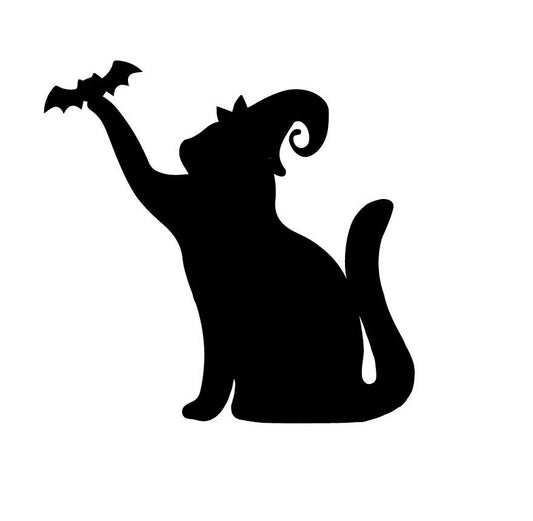 Metal Halloween Art Cat in Witch Hat with Bat Stake Decoration, Garden, Yard Art, Hand Made, Spring Garden Decoration, Outdoor Garden Decor, Post Mount Bracket, Wall Mount w/(Holes)