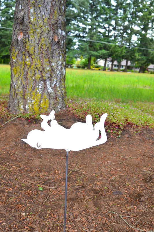 Metal Art Garden Cat with butterfly Decoration, Gift Him Her Garden Art, Yard Art, Hand Made, Spring Garden Decoration, Outdoor Garden Decor Stake Attached(12" Stake Detachable)