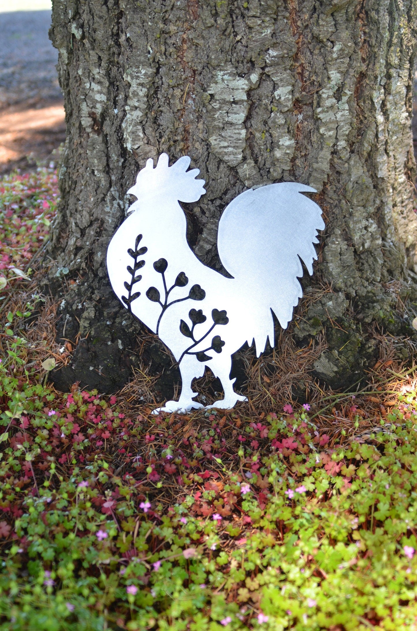 Metal Art Floral Garden Rooster Stake Decoration, Garden, Yard Art, Hand Made, Spring Garden Decoration, Outdoor Garden Decor, Post Mount Bracket, Wall Mount w/(Holes)