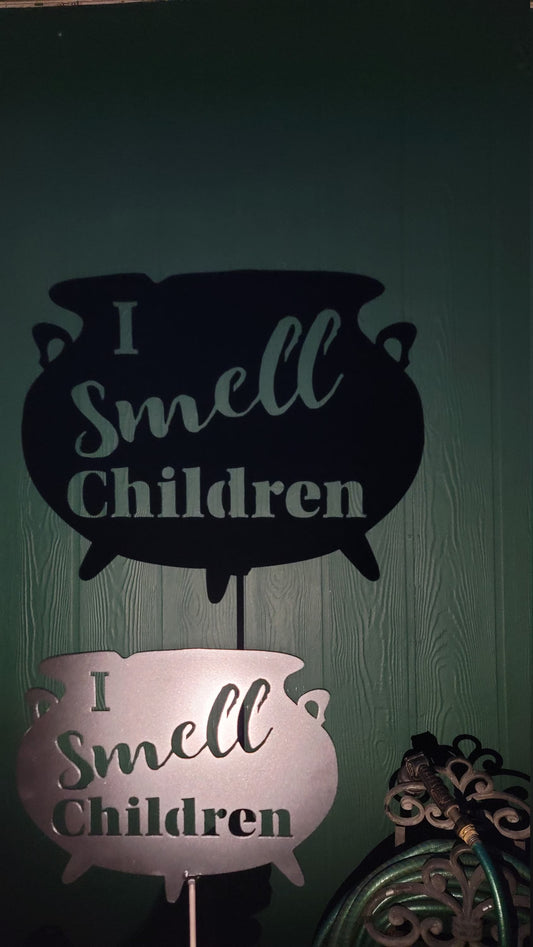 Metal Halloween Witch Cauldron" I smell Children" Sanderson Sisters Decor, Garden Art, Yard Art, Fall Decor, Outdoor Garden Decor, Post Mount Bracket, Wall Mount w/(Holes)