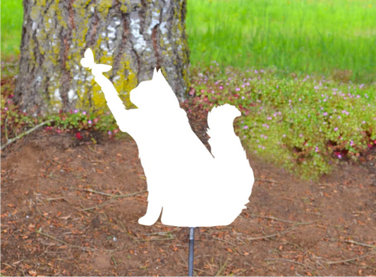 Metal Art Floral Garden Long Hair Cat with Butterfly Stake Decoration, Garden, Yard Art, Spring Garden Decoration, Outdoor Garden Decor,Gift